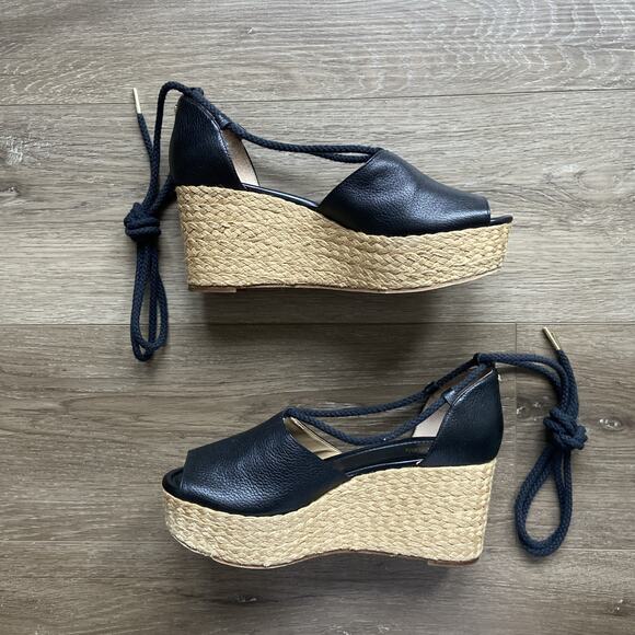 Michael Kors Espadrilles Platform Sandals Sz 8 Black Leather Tie-up - Picture 5 of 15